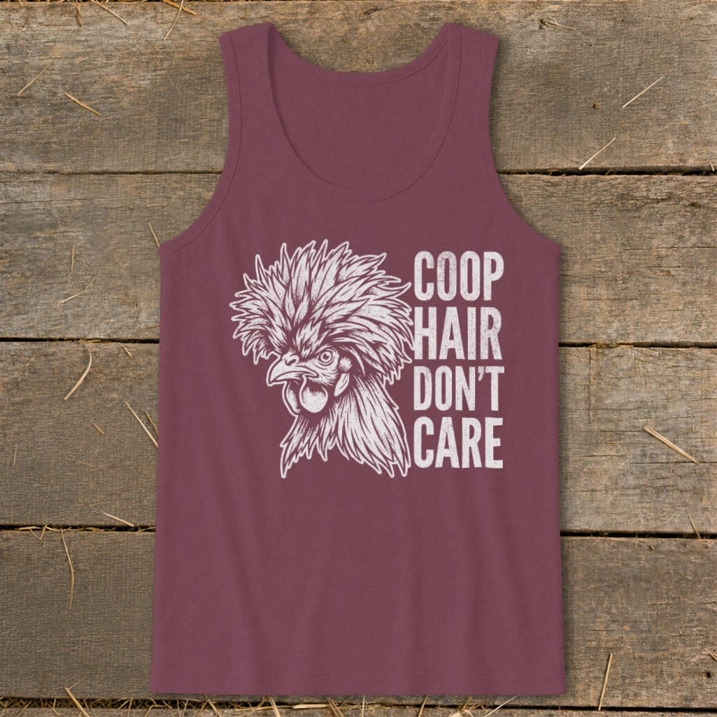 Burgundy tank top with a drawing of a fancy chicken and the text "Coop Hair Don't Care".
