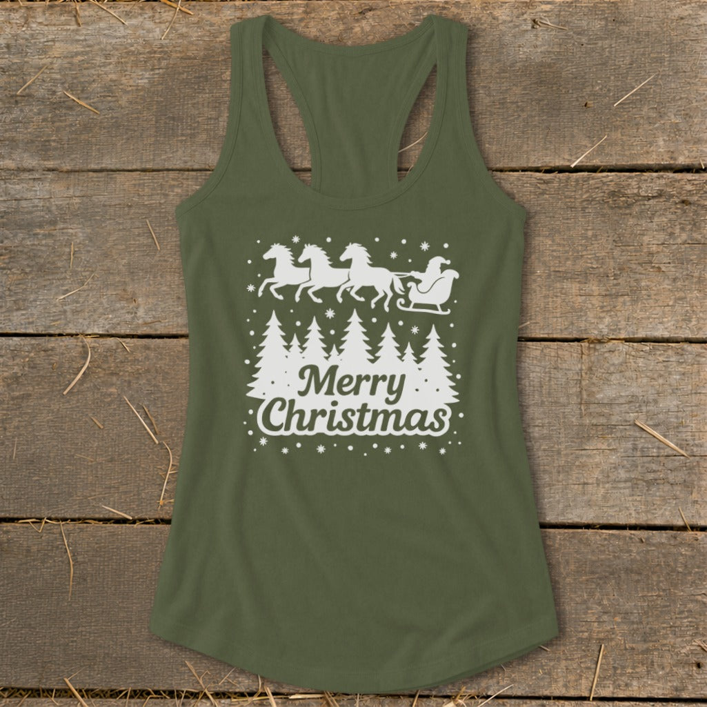 Olive green tank top with white Christmas trees, horses, Santa's sleigh, and "Merry Christmas".