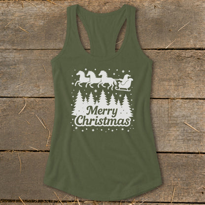 Olive green tank top with white Christmas trees, horses, Santa's sleigh, and "Merry Christmas".