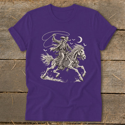 Skeleton cowboy on horseback with lasso under a crescent moon and birds.