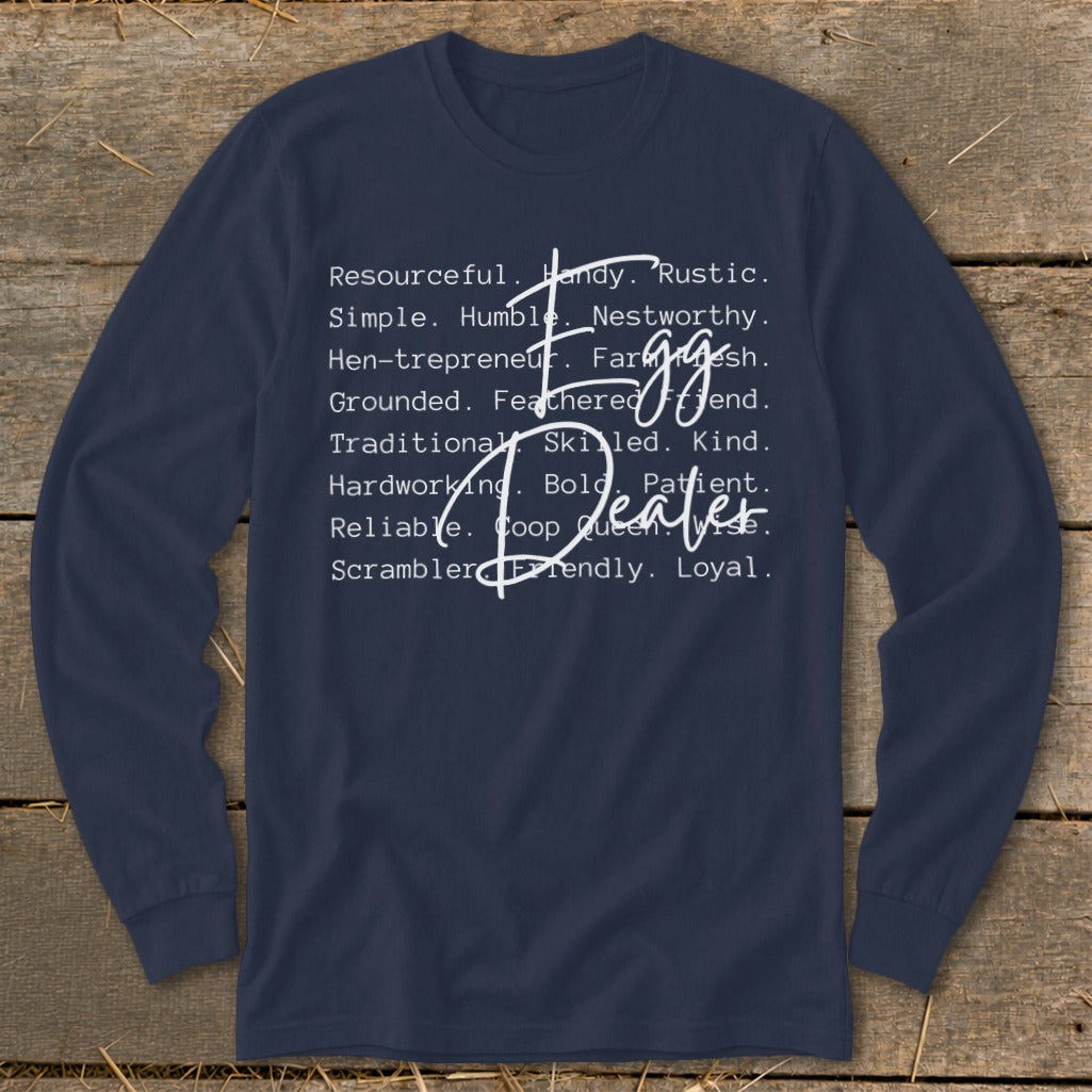 Navy long-sleeve shirt with "Egg Dealer" and descriptive words.