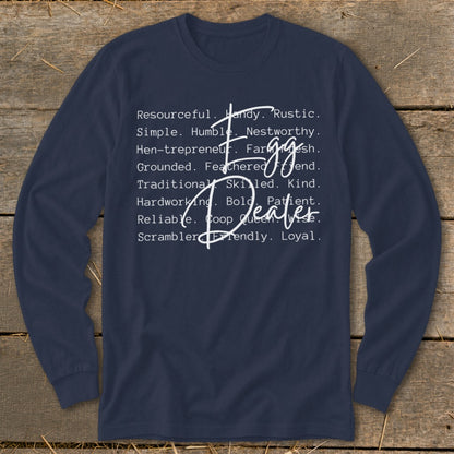 Navy long-sleeve shirt with "Egg Dealer" and descriptive words.