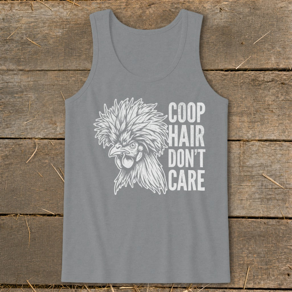 Grey tank top with a white chicken illustration and text that reads "coop hair don't care."
