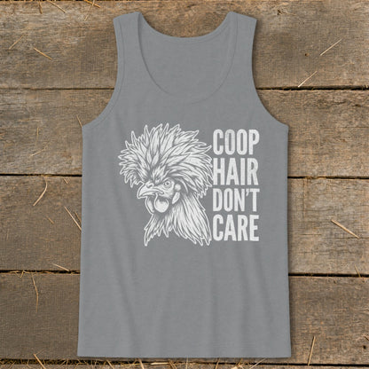 Grey tank top with a white chicken illustration and text that reads "coop hair don't care."