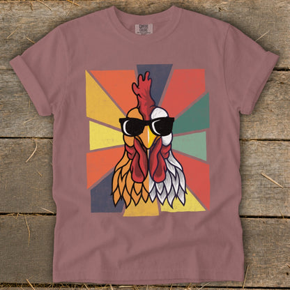 Rooster with sunglasses on vintage background, Comfort Colors tag visible