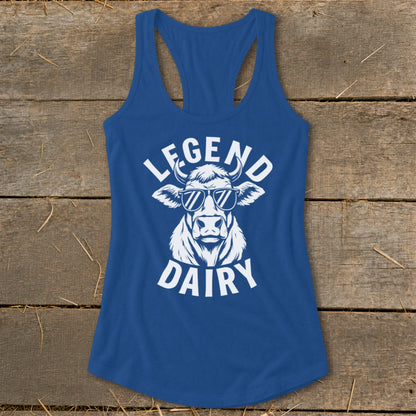 Blue tank top with a white graphic of a cow wearing sunglasses and text "LEGEND DAIRY".