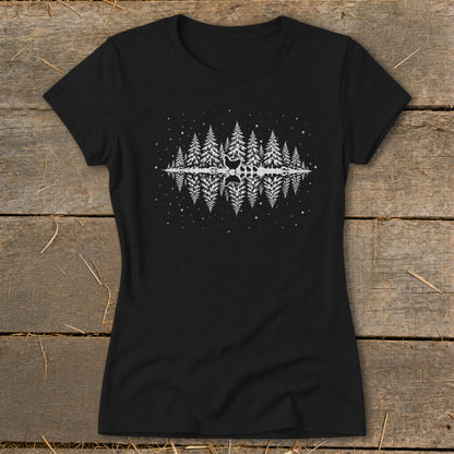 Black t-shirt with white reflected forest graphic and subtle stars.
