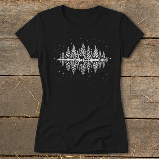 Black t-shirt with white reflected forest graphic and subtle stars.