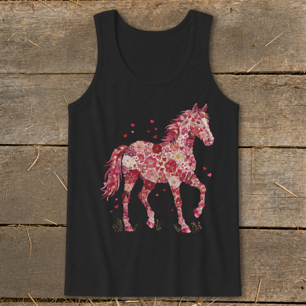 Black tank top with a floral horse design and scattered hearts.