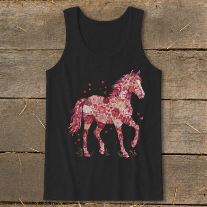 Black tank top with a floral horse design and scattered hearts.
