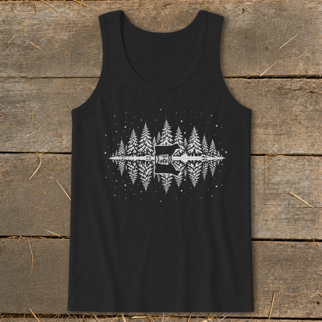 Black tank top with a white graphic of a cow amidst pine trees reflected in water.