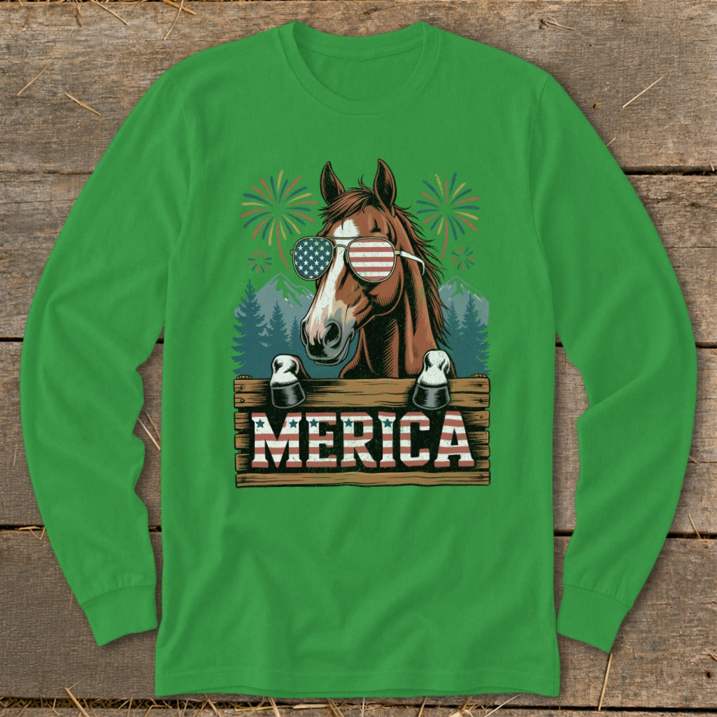 Horse wearing American flag sunglasses with "MERICA" text and fireworks.