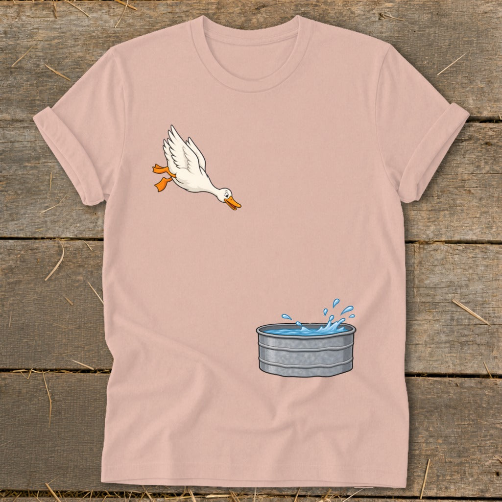 Cartoon goose mid-air, jumping into a galvanized water tub with splashing water.