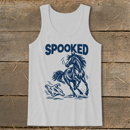 White tank top with navy blue "SPOOKED" text and a startled horse and ghost graphic.