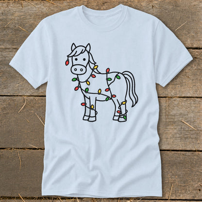 Light blue t-shirt with a black outline drawing of a horse wrapped in colorful Christmas lights.