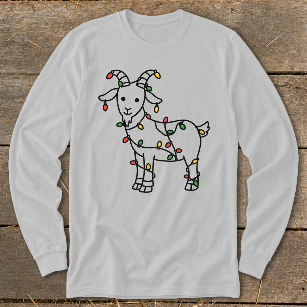 Light gray long-sleeve shirt with a black outline drawing of a goat wrapped in colorful Christmas lights.