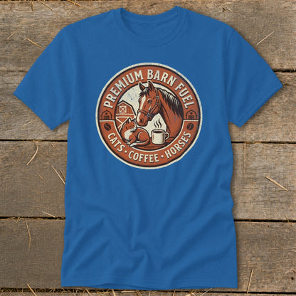 Blue t-shirt with circular barn design featuring a horse, cat, coffee, and text.