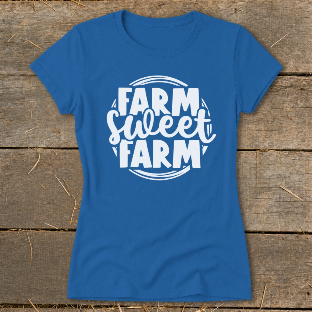 Blue t-shirt with white "Farm Sweet Farm" text in a circular design.
