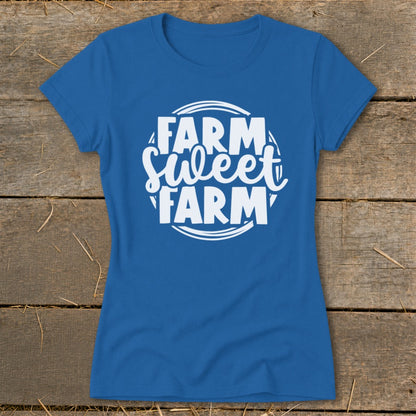 Blue t-shirt with white "Farm Sweet Farm" text in a circular design.