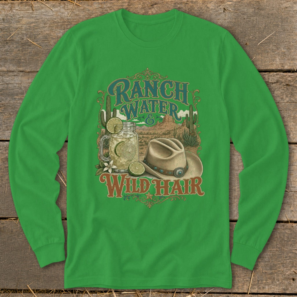 Green long-sleeve shirt with "Ranch Water & Wild Hair" text, mason jar, and cowboy hat graphic.