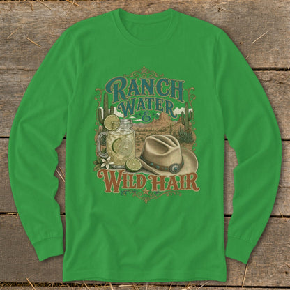 Green long-sleeve shirt with "Ranch Water & Wild Hair" text, mason jar, and cowboy hat graphic.