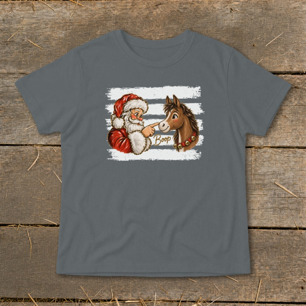 Santa booping a horse's nose with the word "Boop" on a t-shirt.