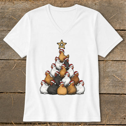 Chickens wearing Santa hats form a Christmas tree, topped with a star.