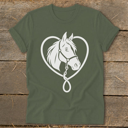 Olive green t-shirt with a white graphic of a horse's head framed inside a heart.
