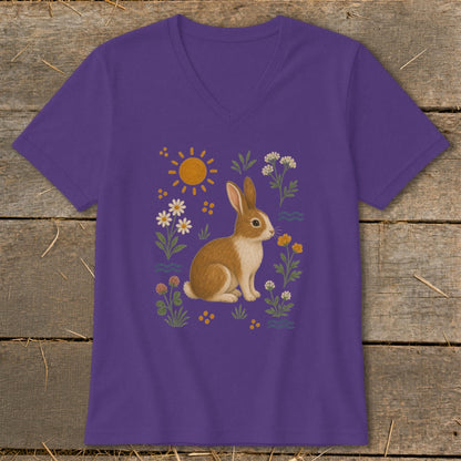Purple t-shirt with brown and white rabbit smelling flowers and sun.