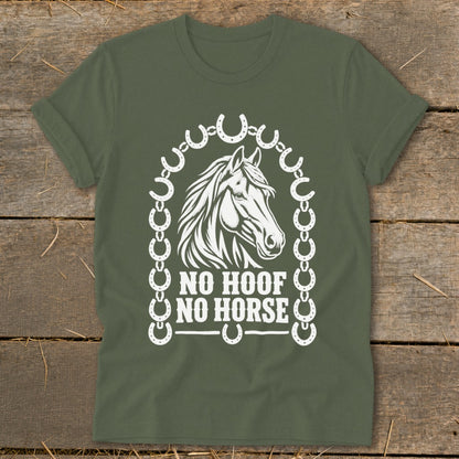 Green t-shirt with white graphic of horse head and text "NO HOOF NO HORSE" surrounded by horseshoes.