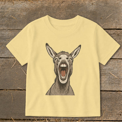 Yellow t-shirt with a drawing of a donkey with its mouth wide open.