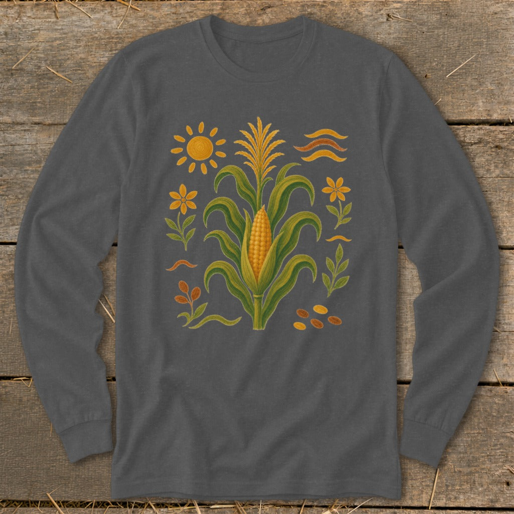 Long-sleeve grey shirt with a corn stalk, sun, flowers, and decorative elements.