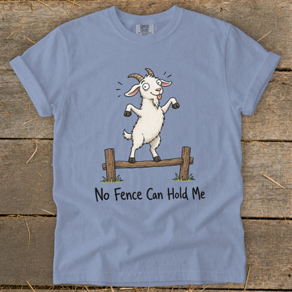 Light blue t-shirt with a cartoon goat on a fence and the text "No Fence Can Hold Me".