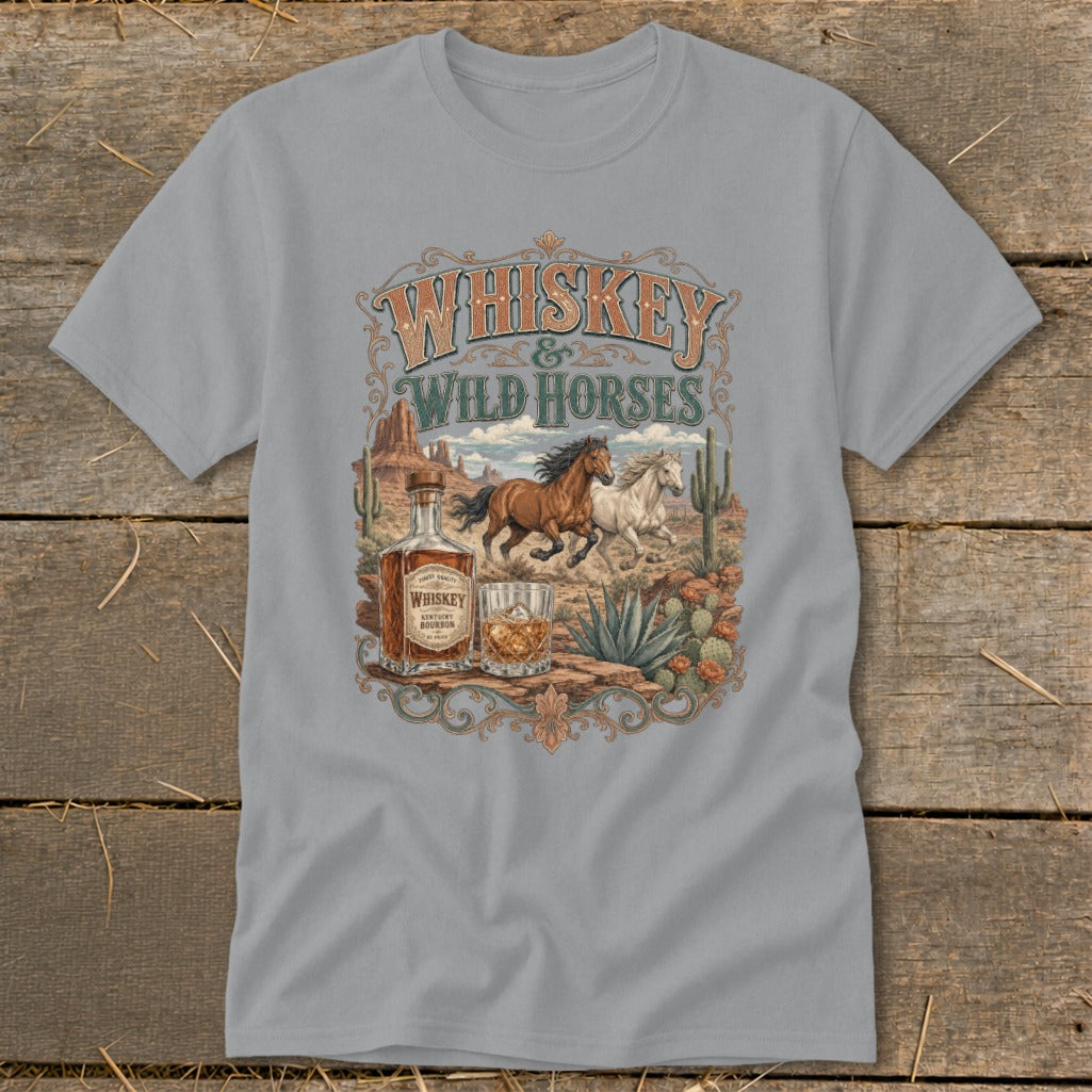 Whiskey & Wild Horses graphic with horses, whiskey bottle, and glass on desert landscape.