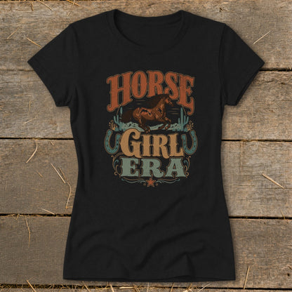 Black t-shirt with "Horse Girl Era" text and a galloping horse graphic.