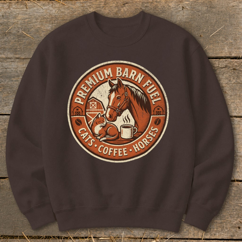 Brown sweatshirt with circular logo featuring a horse, cat, and coffee mug.