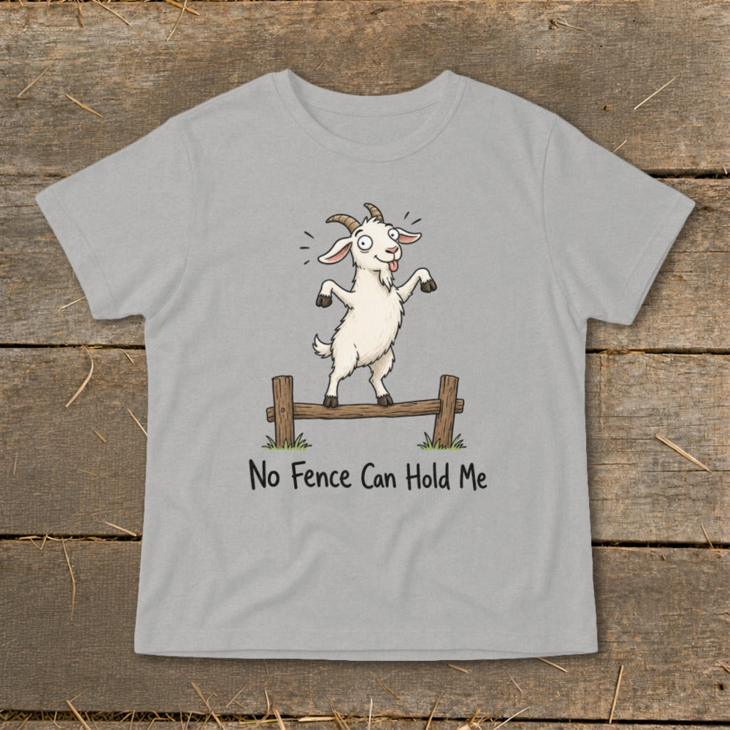 Gray t-shirt with cartoon goat balancing on fence, text "No Fence Can Hold Me".
