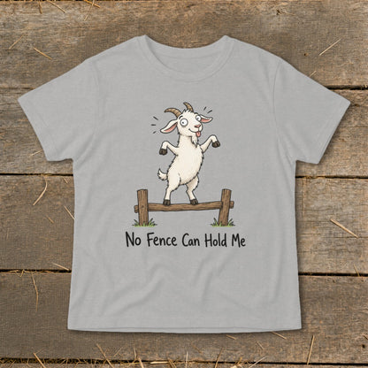 Gray t-shirt with cartoon goat balancing on fence, text "No Fence Can Hold Me".