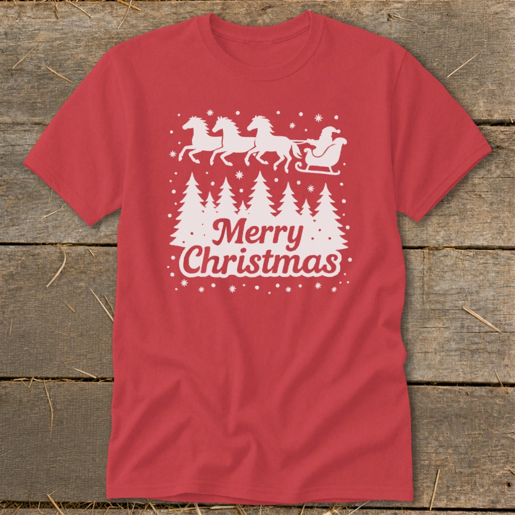 Red t-shirt with white Christmas graphic of horses pulling Santa's sleigh over trees and "Merry Christmas" text.