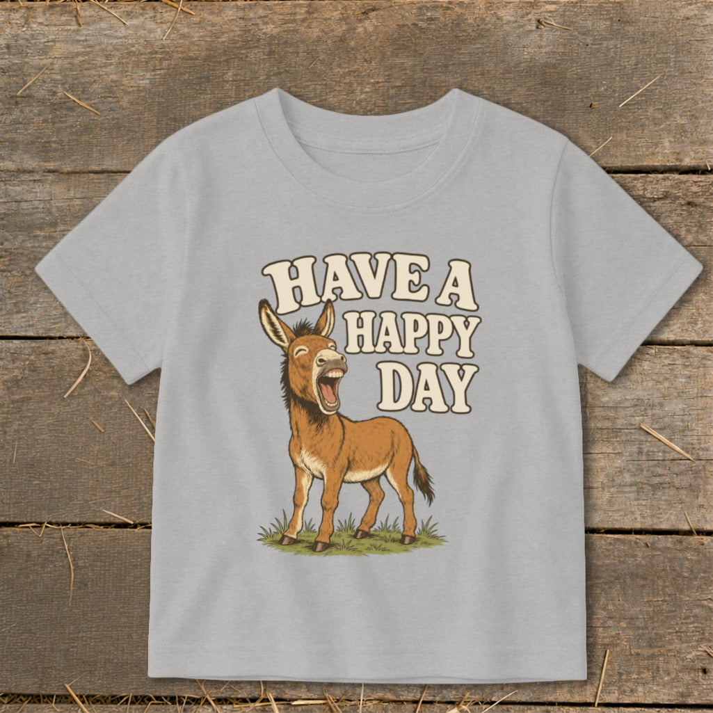 T-shirt with cartoon donkey and text "HAVE A HAPPY DAY".