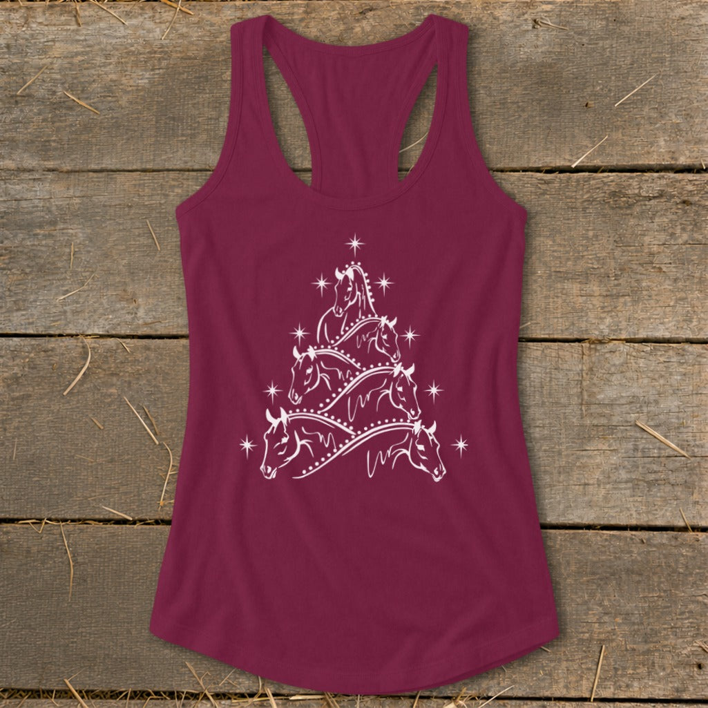 Maroon tank top with white horse Christmas tree graphic and scattered stars.