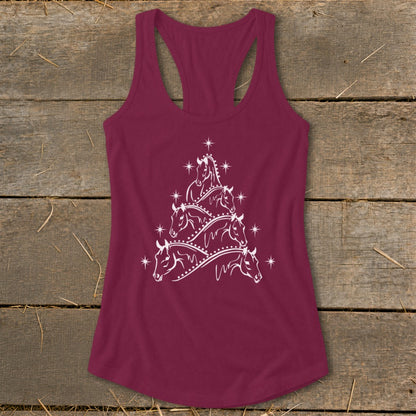 Maroon tank top with white horse Christmas tree graphic and scattered stars.