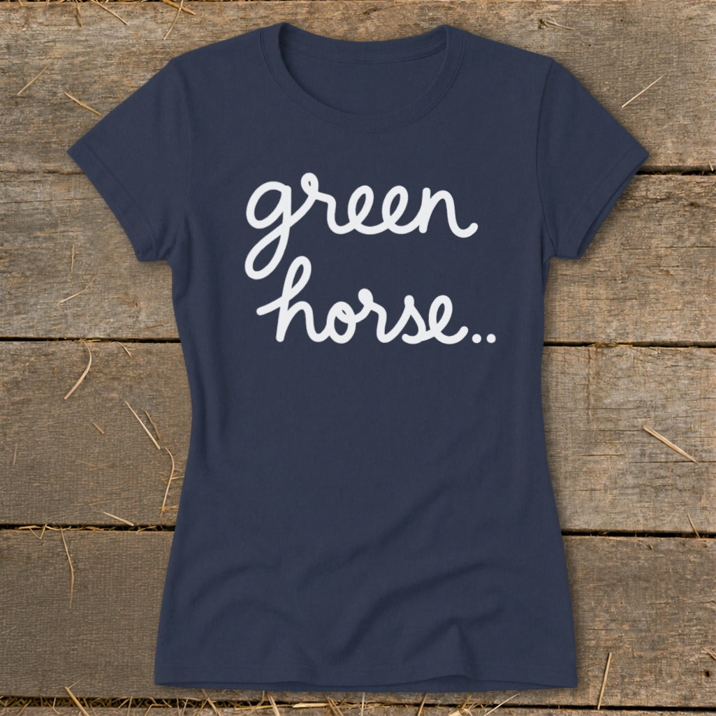 Navy t-shirt with white script text reading "green horse.."