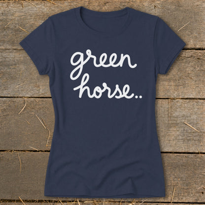 Navy t-shirt with white script text reading "green horse.."