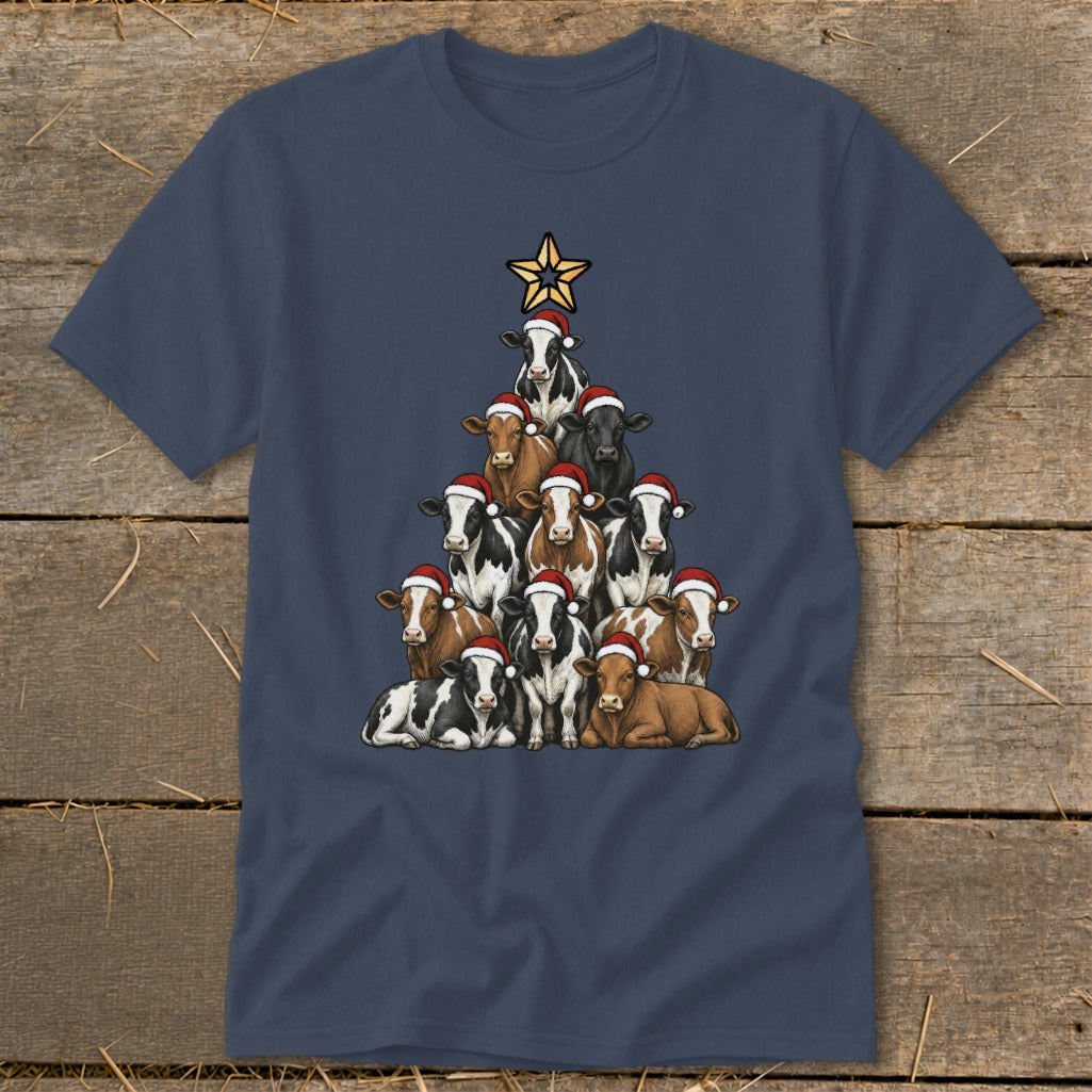 Christmas tree made of cows wearing Santa hats with a star on top.