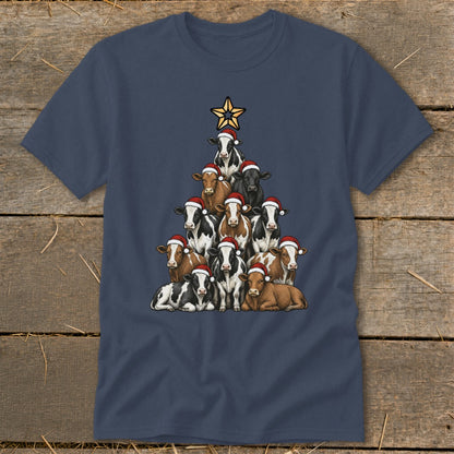 Christmas tree made of cows wearing Santa hats with a star on top.