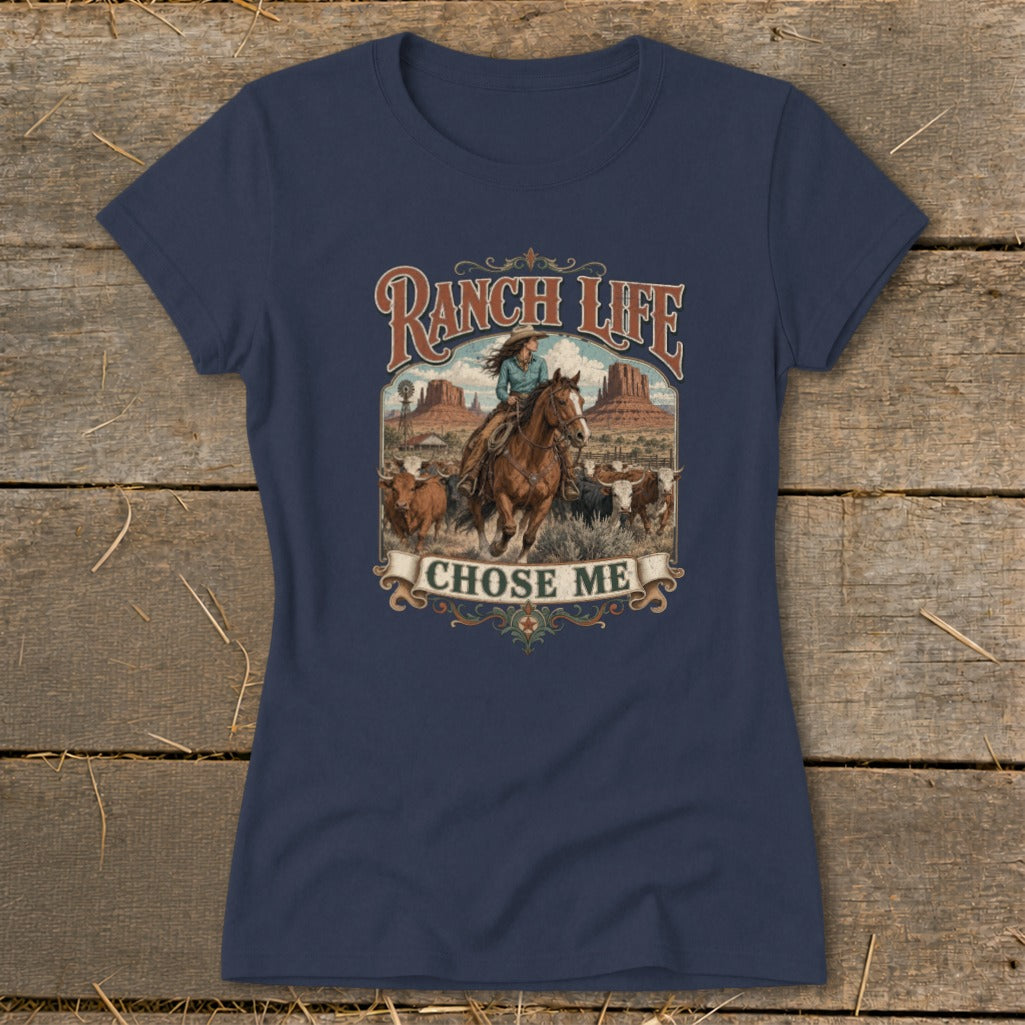 Ranch Life chose me text with woman on horseback and cattle in desert landscape.