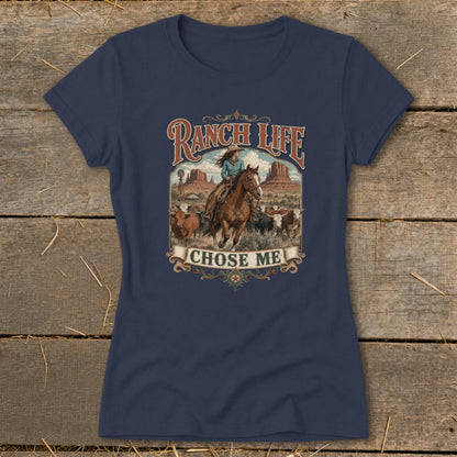 Ranch Life chose me text with woman on horseback and cattle in desert landscape.