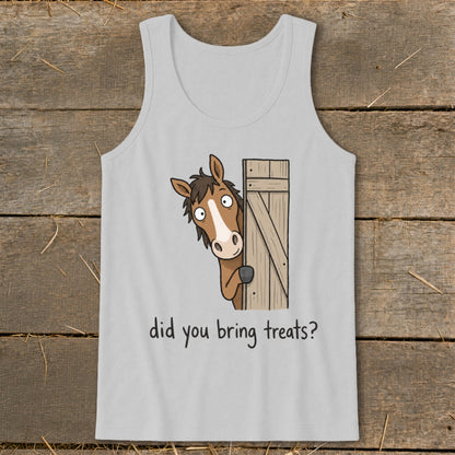 Light grey tank top with cartoon horse peeking from behind a gate asking, "did you bring treats?".