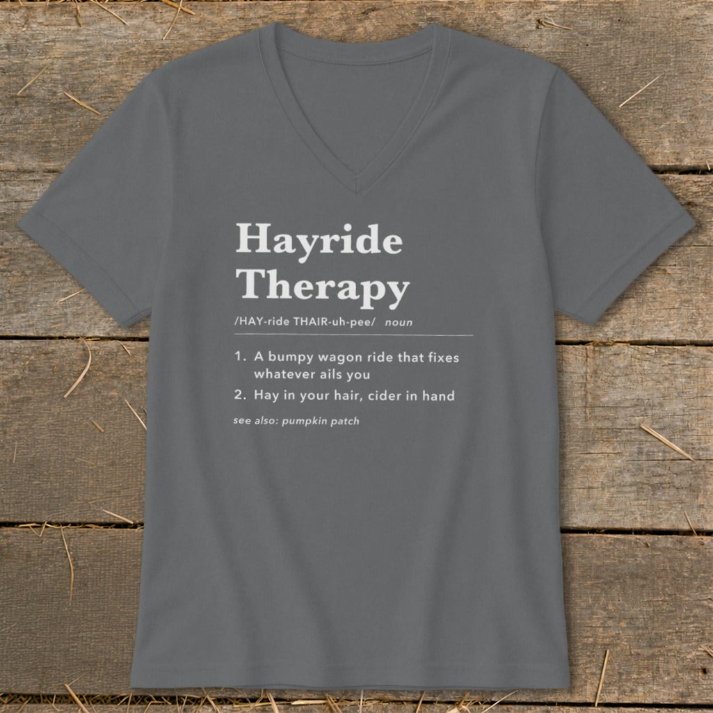 Gray v-neck t-shirt with "Hayride Therapy" dictionary definition.